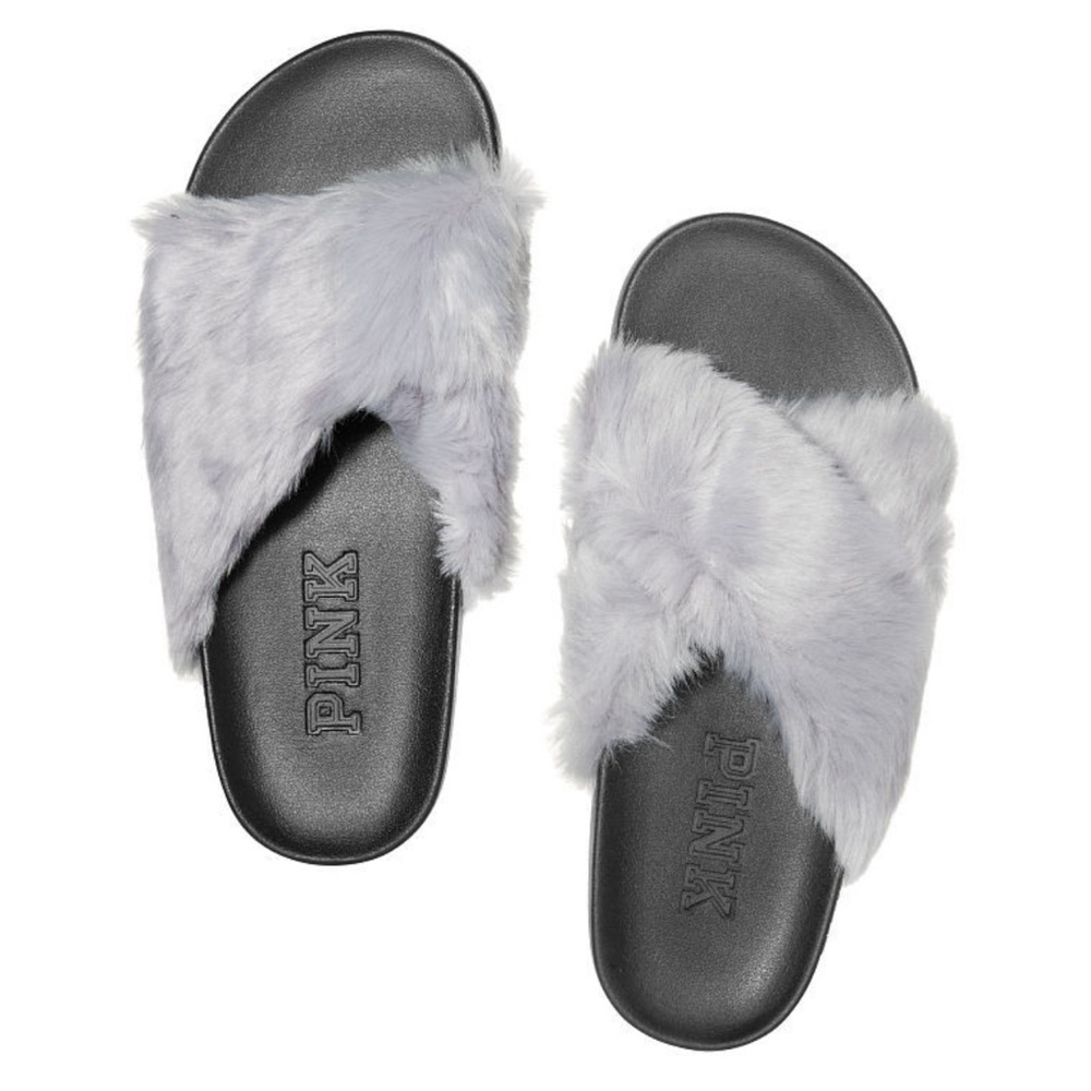 PINK Victoria's Secret Gray Plush Slippers